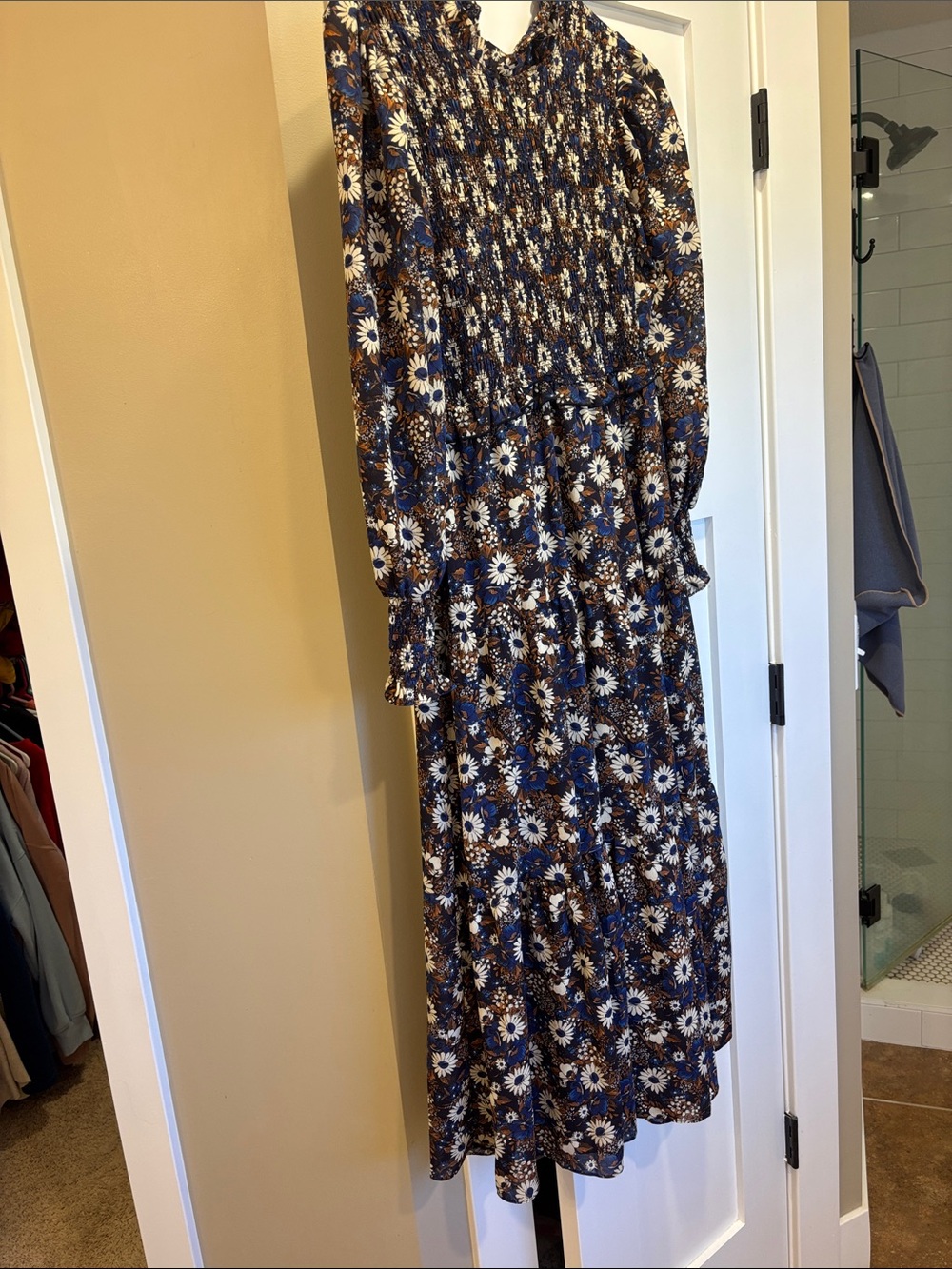 Smocked Blue Floral Maxi Dress with Long Sleeves